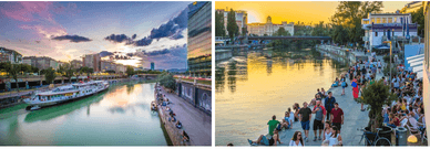 Abendspaziergang am Donaukanal Wien zu Fuß und mit dem Schiff