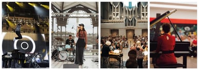 Vier Fotos von Auftritten beim Open Stages Jazz Open Stuttgart: ein Musiker springt auf der Bühne mit gelben Scheinwerfern, eine Sängerin mit Mikrofon unter der Glaskuppel eines Pavillons, ein Duo mit Kontrabass und Marimba vor Publikum in einer Kirche, eine Pianistin in einem roten Kleid am Flügel in einem Museumssaal