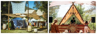 Área do mercado Magic Market com tendas e cerâmica e set de DJ num palco em forma de cabana de madeira com um lustre, tendo como pano de fundo as montanhas e os moinhos de vento