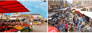Bunte Marktstände am Brunnenmarkt