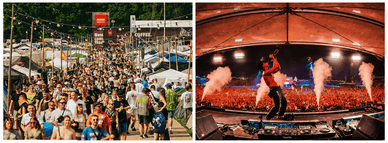 Parookaville 2026 in Weeze – Besucher auf dem Festivalgelände und DJ-Auftritt auf der Mainstage mit Pyrotechnik vor ausverkauftem Publikum