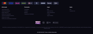 Métodos disponíveis para depósitos e levantamentos no Casino Win 2 Chill Online