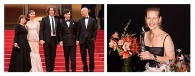 Sandra Hüller auf dem roten Teppich in Cannes und mit ihrer Auszeichnung für den Film „Anatomie eines Sturzes“