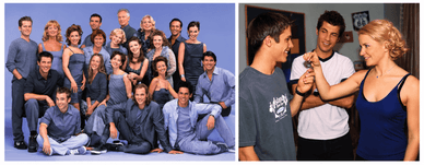 Gruppenfoto eines Serien-Casts in Blautönen sowie eine Szene, in der Diana Staehly einen Schlüssel übergibt