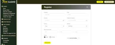 Login e registar-se no Online CasinoThor