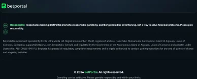 Dati di licenza nel footer di Betportal Licenza Betportal