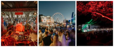 Festivalprogramm Rhein in Flammen Bonn: DJ-Auftritt, Jahrmarkt mit Riesenrad und Open-Air-Bühne im nächtlichen Park
