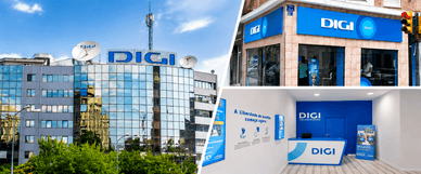 Edifício, loja e receção com o logótipo Digi