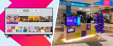 Ecrã de televisão e quiosque UZO num shopping