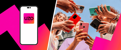 Logótipo UZO e pessoas com telemóveis coloridos
