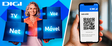 Mulher com caixas de serviços Digi e QR code eSIM