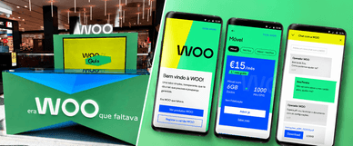 Quiosque WOO num centro comercial e ecrãs da app