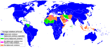 Världskarta som visar statusen för Israels diplomatiska relationer 2020