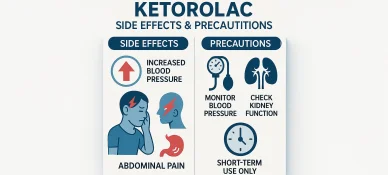 رسم بياني يوضح الآثار الجانبية والاحتياطات لدواء كيتورولاك باعتباره مضاد التهاب غير ستيرويدي (NSAID)، مثل ارتفاع ضغط الدم وضرورة استخدامه لمدة قصيرة.