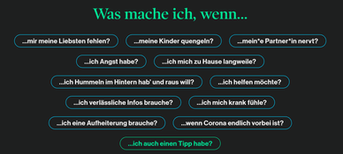 Übersicht der elf Kategorien im Coron-A-Mat unter der Frage Was mache ich wenn