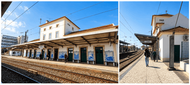 Fachada e cais da estação de Ovar com azulejos azuis