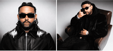 Dois retratos de Mizzy Miles com casaco preto com estrelas e casaco de pele