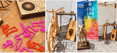 Miniaturas de bicicletas impressas em 3D, bicicleta de madeira cortada a laser e cabra de madeira no stand do FabLab
