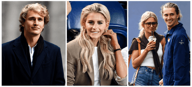 Alexander Zverev Porträt, Caro Daur auf der Tennistribüne und beide gemeinsam bei den Australian Open 2026