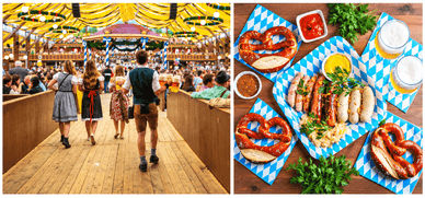Gäste in Tracht im Festzelt, Brezeln und Würstchen