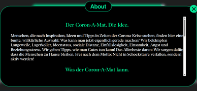 About-Fenster des Coron-A-Mat mit Erklärung der Grundidee gegen Langeweile und Isolation