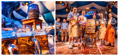 Maßkrüge vor Bierfass und Fassanstich mit Gilde-Fass
