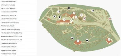 Carte interactive des services du Gouffre de Padirac. Plan d’ensemble des installations du Gouffre de Padirac.