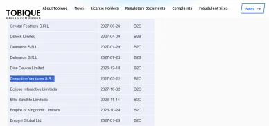 Dati del registro Tobique Gaming Commission Registro Tobique Gaming Commission