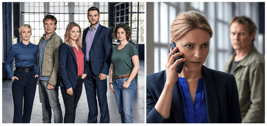 Das Ermittlerteam von „SOKO Köln“ in einer Halle sowie Diana Staehly beim Telefonieren