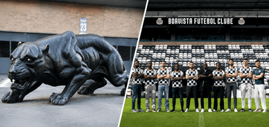 Estátua de pantera e jogadores do Boavista no relvado