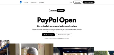 Page PayPal Open présentant les solutions d’entreprise face à Skrill.
