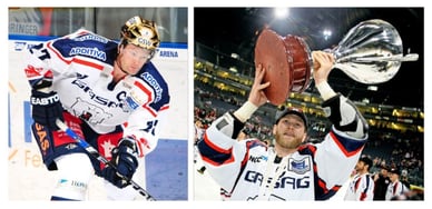 Steve Walker in einer Spielszenen und mit dem DEL-Meisterpokal im Trikot von Eisbären Berlin