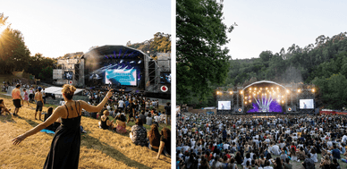 Multidão em frente ao palco principal do Vodafone Paredes de Coura ao pôr do sol