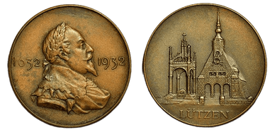 Gustav II Adolfs porträtt omgiven av årtalen 1632 och 1932 (mynt)