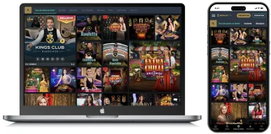 Capture d’écran du lobby des jeux avec croupiers en direct, offrant une expérience immersive avec des jeux comme le blackjack, la roulette et des émissions de jeux interactives, accessibles sur ordinateur et mobile.