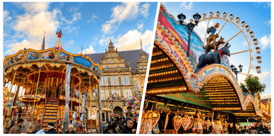 Kleiner Freimarkt Bremen mit Karussell vor dem Rathaus und Mandelstand