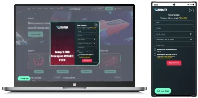  Écran d’ordinateur et interface mobile présentant le formulaire d’inscription sur Casinozer en France, avec la possibilité de recevoir jusqu’à 100 free spins sans wager.