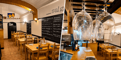 Sala da Taberna Sal Grosso Alfama com ementa na ardósia