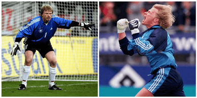 Oliver Kahn im Trikot der deutschen Nationalmannschaft beim Abwehren eines Balls