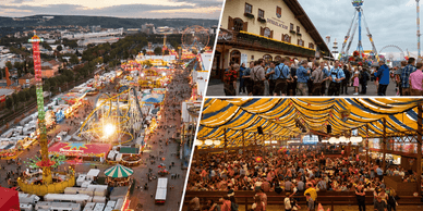 Luftaufnahme des Cannstatter Volksfests in Stuttgart mit Riesenrad, Fahrgeschäften und vollem Bierzelt