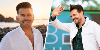 Ruben Aguiar sorridente à beira-mar e em concerto