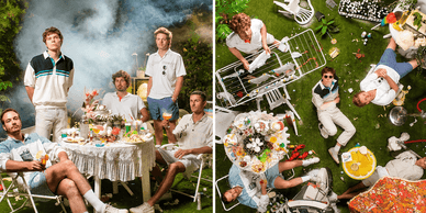 Von Wegen Lisbeth bei einer farbenfrohen Fotosession im Garten mit Partydekoration