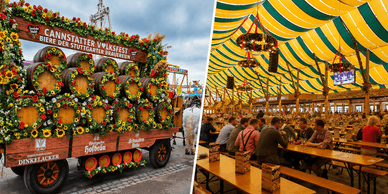 Bierwagen mit Fässern der Stuttgarter Brauereien und Gäste im Bierzelt beim Cannstatter Volksfest