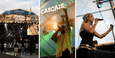 Palco Cascais das Festas do Mar 2026 com artistas a atuar perante o público na Baía de Cascais