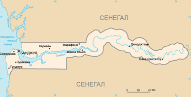 Политическая карта Гамбии — самого маленького государства в континентальной Африке