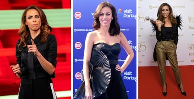 Filomena Cautela num programa de televisão, na passadeira vermelha do Eurovision e na cerimónia dos Globos de Ouro com o prémio