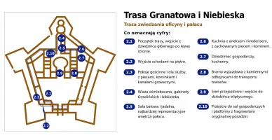 Trasa granatowa i niebieska w z Mapa trasy w kolorach ciemnoniebieskim i niebieskim w zamku Kszysztopór