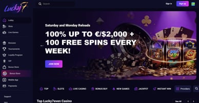Skärmbild på Lucky7even från dator