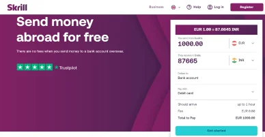 Page Skrill pour envoyer de l’argent à l’étranger gratuitement.