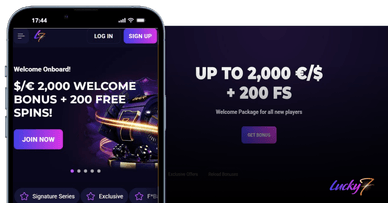 Skärmdump av Lucky7evens officiella webbplats, mobil och dator